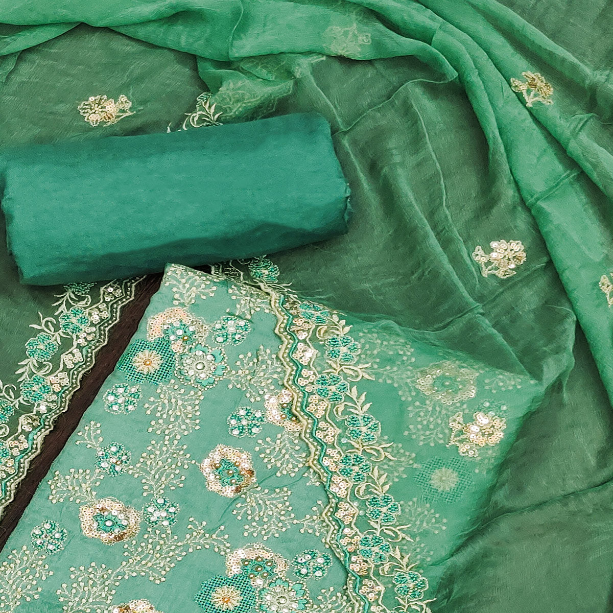 Rama Green Floral Embroidered Organza Dress Material