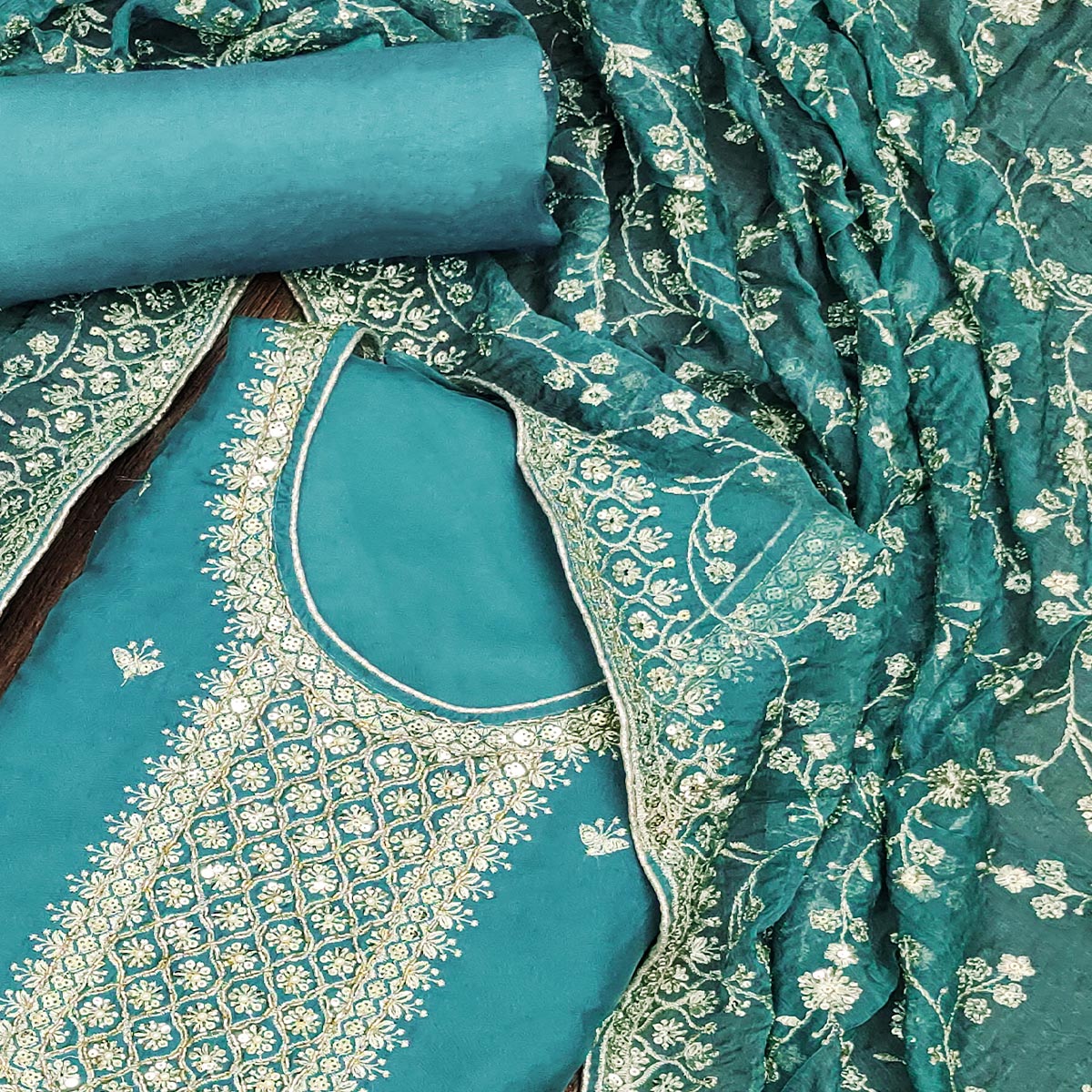 Rama Blue Embroidered Organza Dress Material