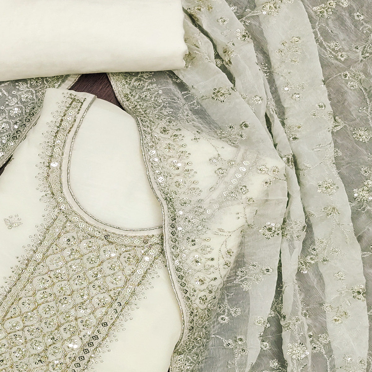 White Embroidered Organza Dress Material