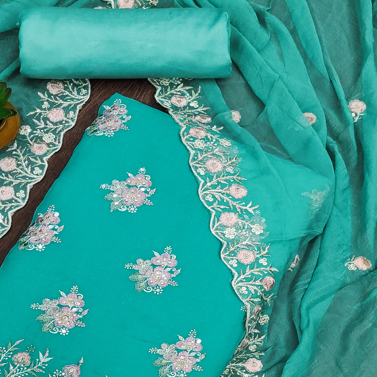 Turquoise Floral Embroidered Organza Dress Material