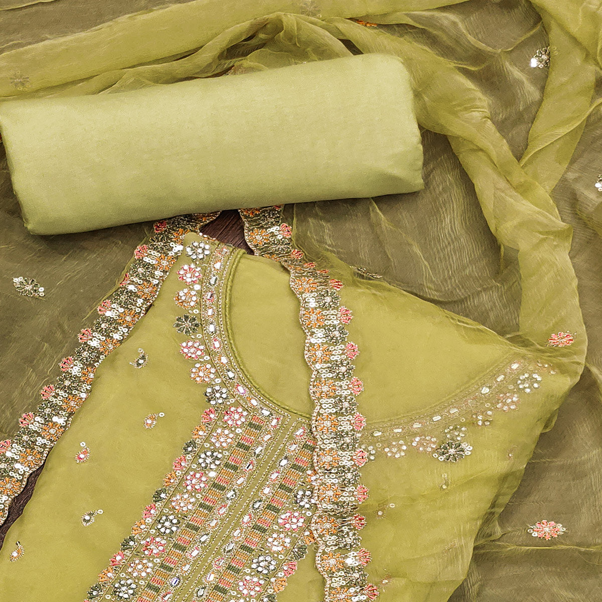 Green Sequins Embroidered With Mirror Work Organza Dress Material