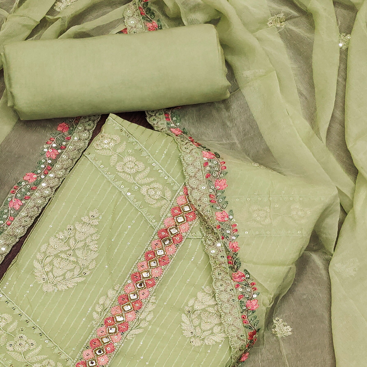 Green Floral Sequins Embroidered Organza Dress Material