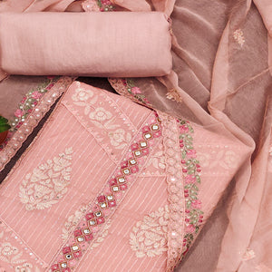 Peach Floral Sequins Embroidered Organza Dress Material