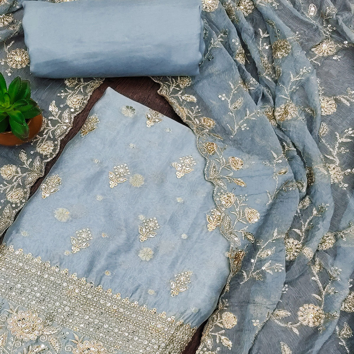 Grey Floral Sequins Embroidered With Stonework Organza Dress Material