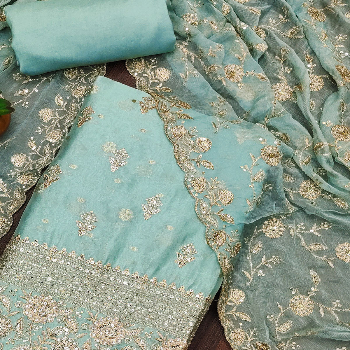Turquoise Floral Sequins Embroidered With Stonework Organza Dress Material