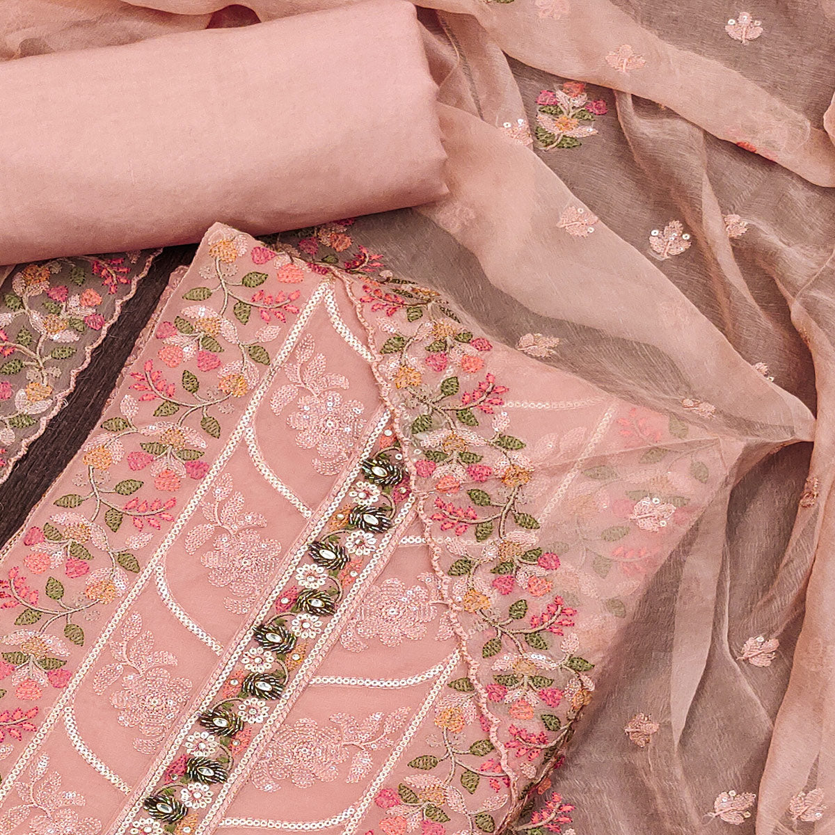 Peach Floral Sequins Embroidered Organza Dress Material