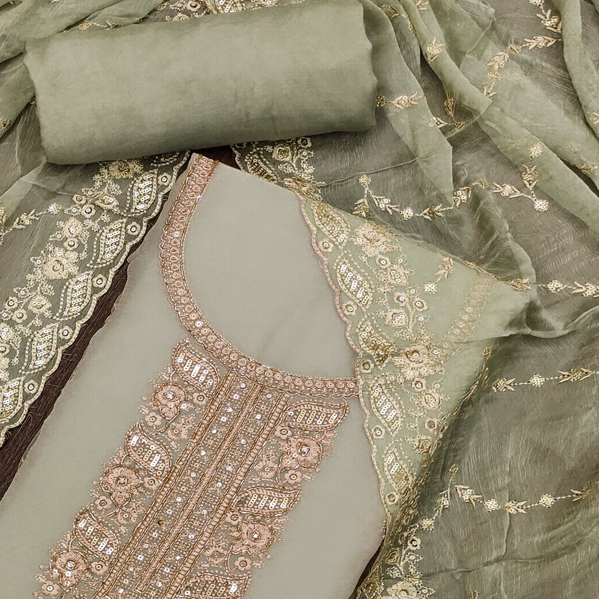 Green Floral Sequins Embroidered Chiffon Dress Material