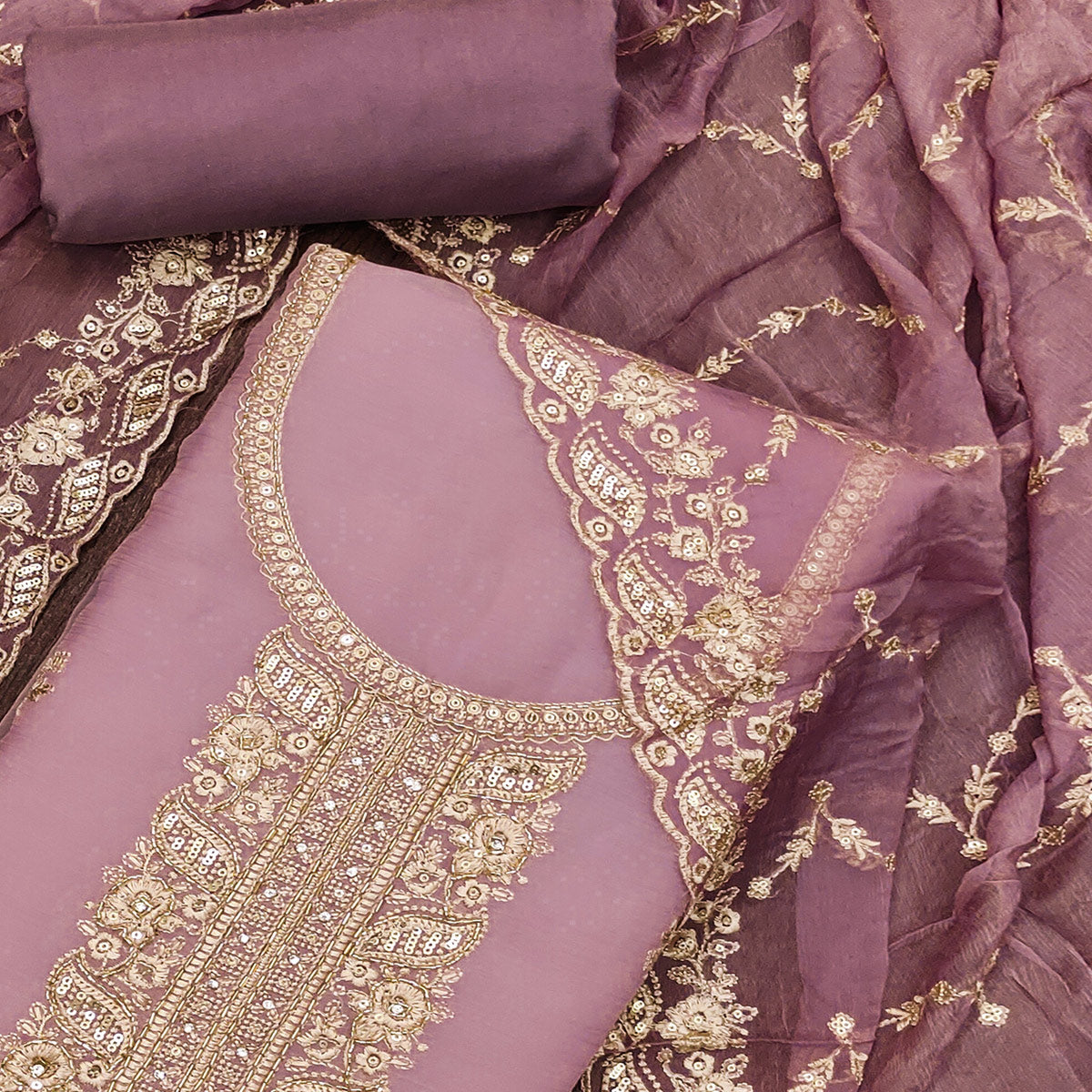 Purple Floral Sequins Embroidered Chiffon Dress Material