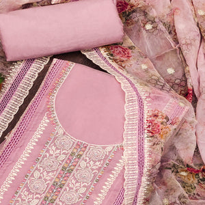 Pink Floral Hand Embroidered Organza Dress Material