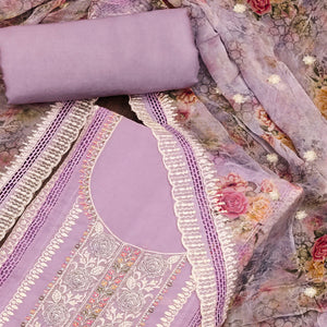 Purple Floral Hand Embroidered Organza Dress Material