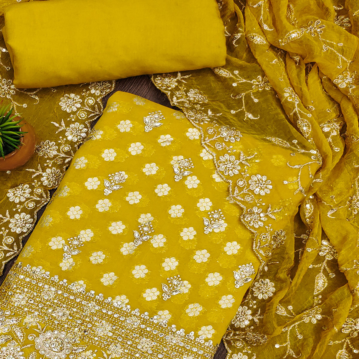 Yellow Floral Embroidered With Woven Georgette Dress Material
