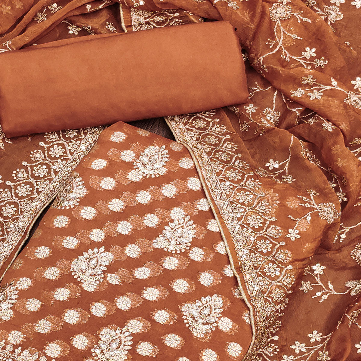 Rust Floral Embroidered With Woven Georgette Dress Material