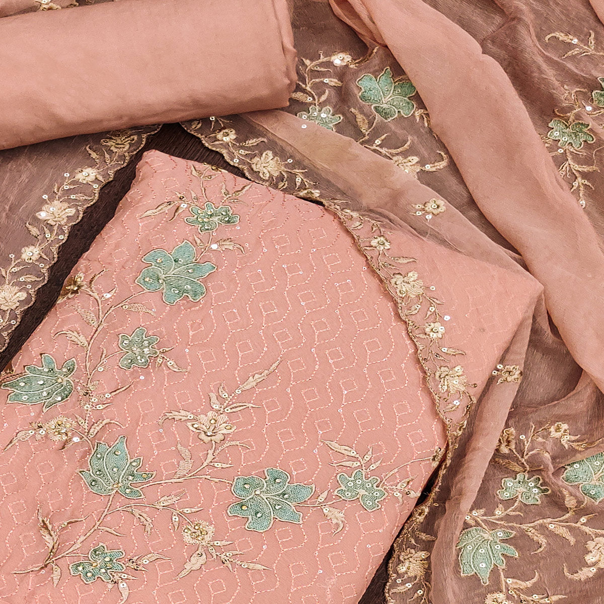 Peach Floral Embroidered Organza Dress Material