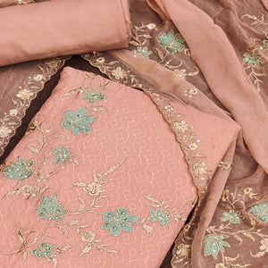 Peach Floral Embroidered Organza Dress Material