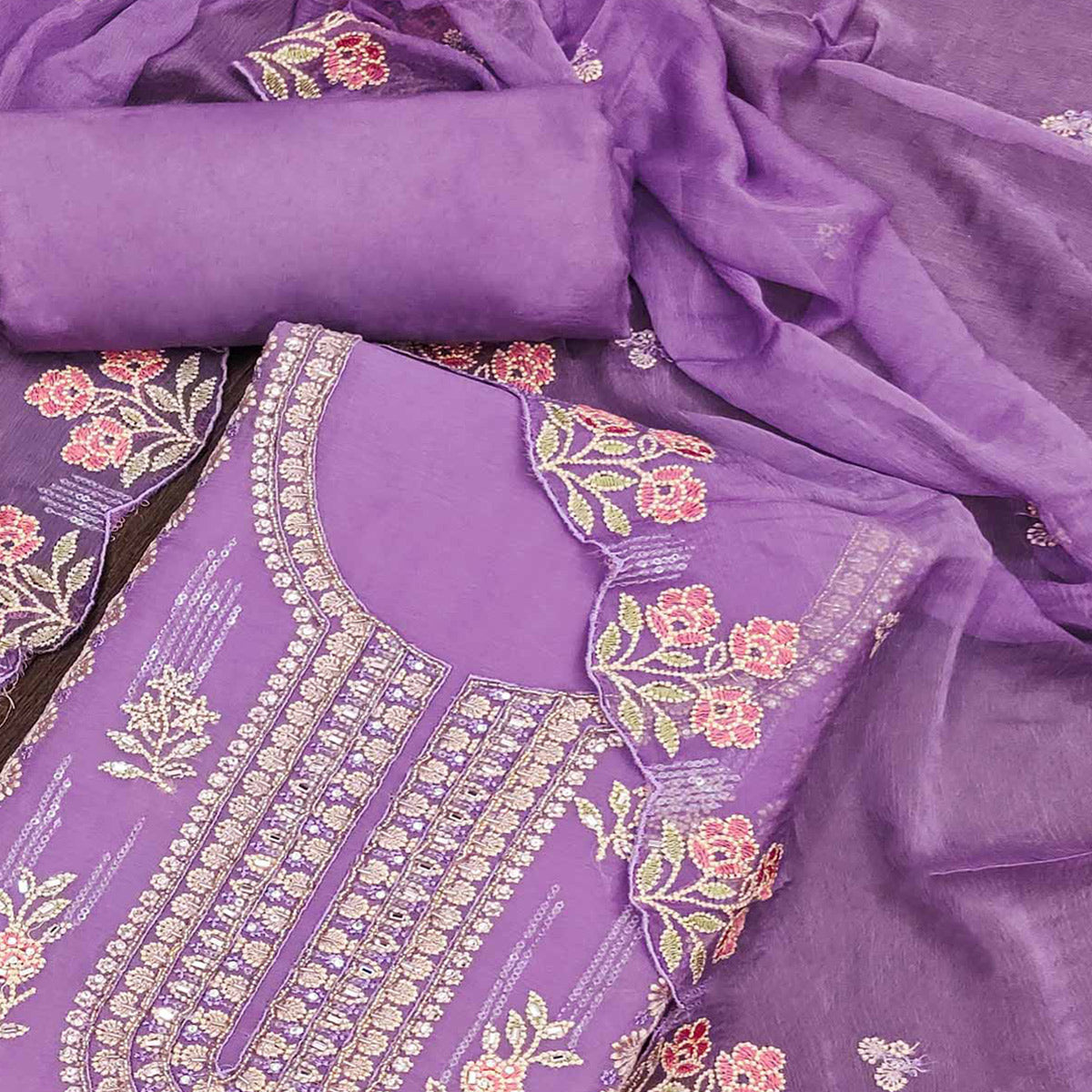 Purple Floral Embroidered Chiffon Dress Material