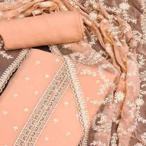 Peach Embroidered Organza Dress Material