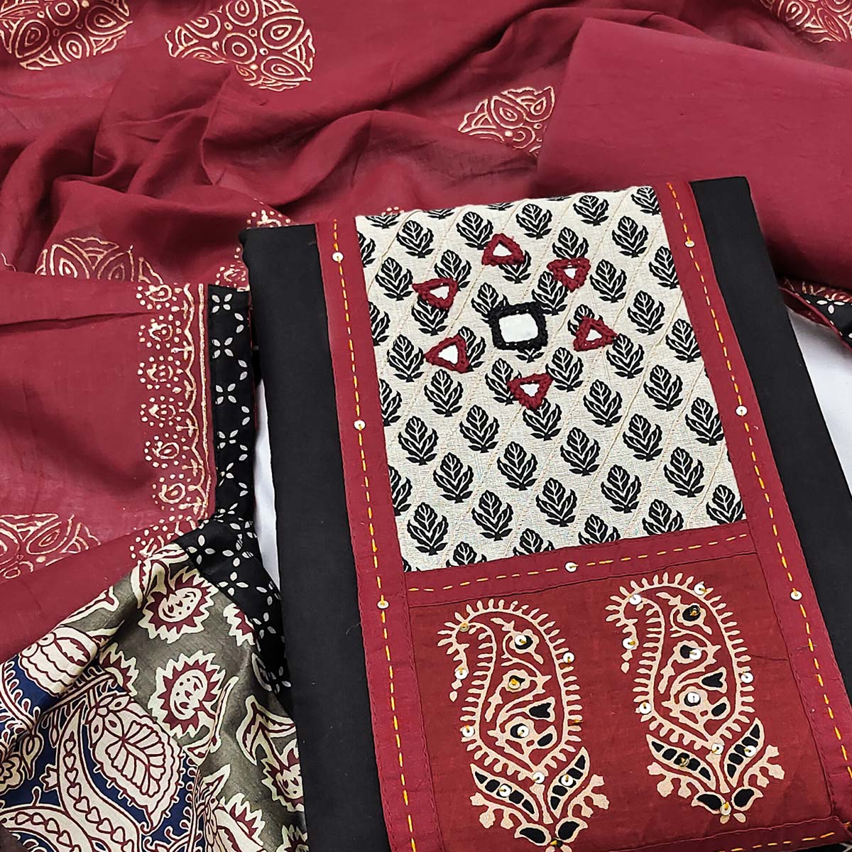 Trendy Black Solid With Printed Pure Cotton Dress Material With Neck Sequins Embroidery Work