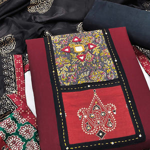 Trendy Maroon Solid With Printed Pure Cotton Dress Material With Neck Sequins Embroidery Work