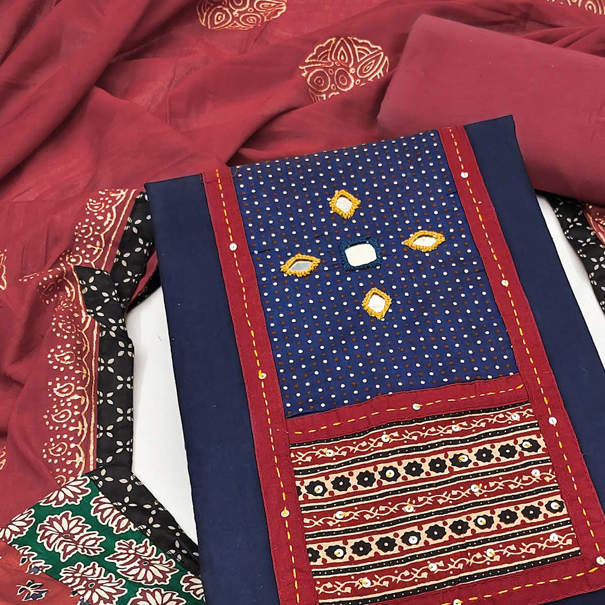 Trendy Navy Blue Solid With Printed Pure Cotton Dress Material With Neck Sequins Embroidery Work