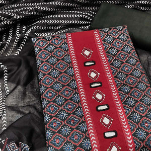 Premium Black Floral Printed Pure Cotton Dress Material With Delicate Neck Embellishments