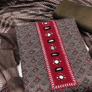 Premium Brown Floral Printed Pure Cotton Dress Material With Delicate Neck Embellishments