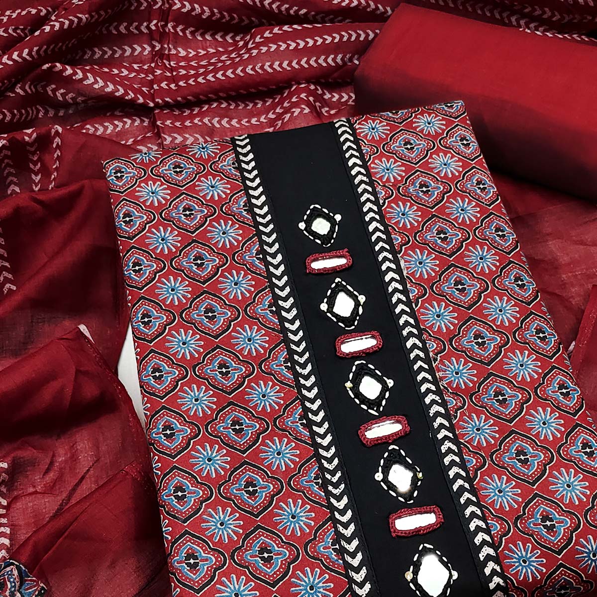 Premium Maroon Floral Printed Pure Cotton Dress Material With Delicate Neck Embellishments