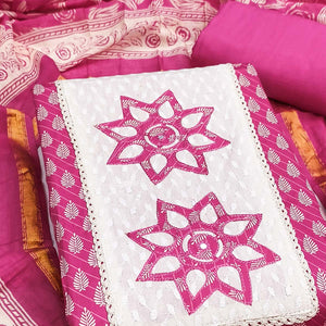 Pink Leaf & Striped Printed Pure Cotton Dress Material Accented With Floral Embroidered Neckline