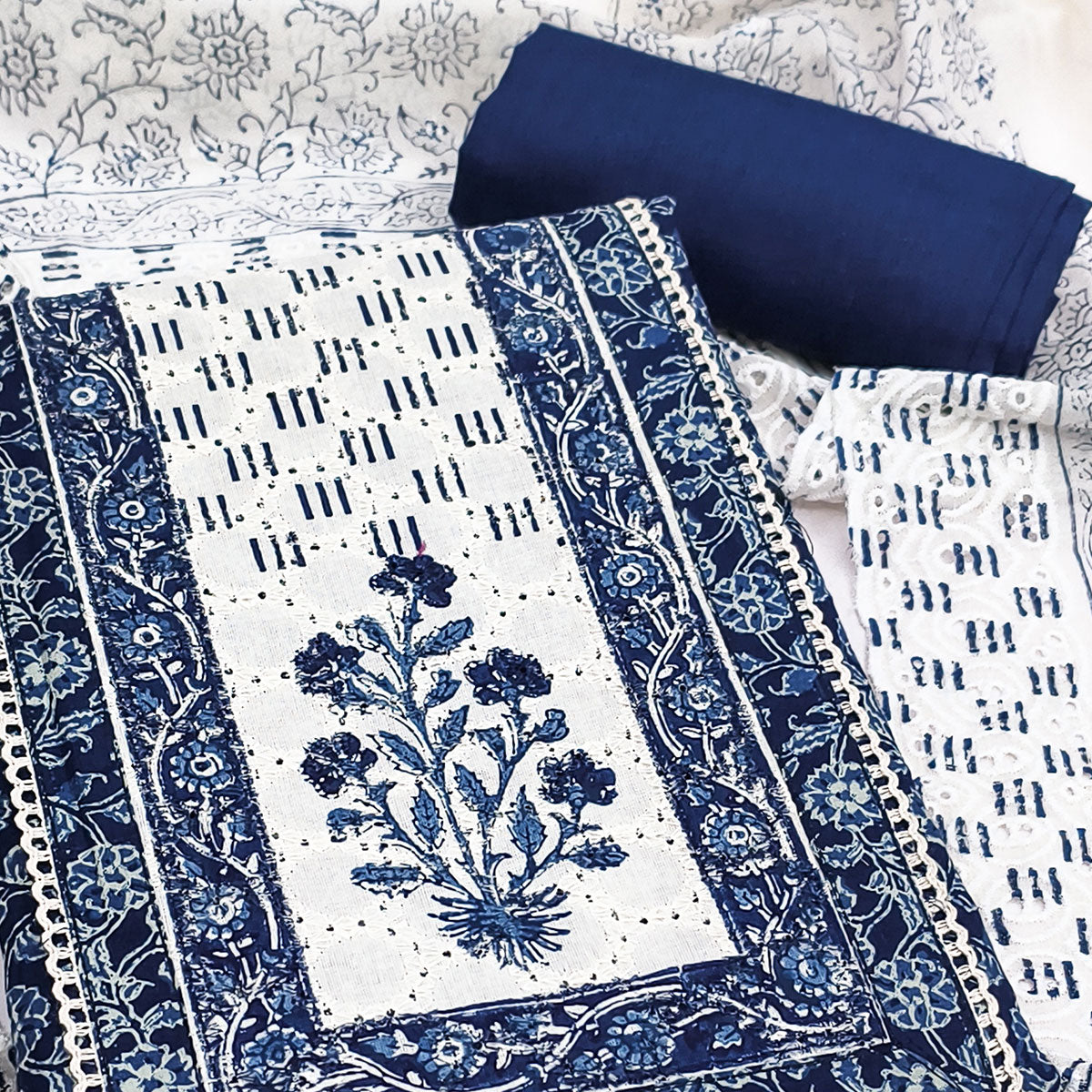 Refined Blue Floral Printed Pure Cotton Dress Material With A Clean Contemporary Look