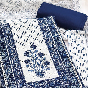 Refined Blue Floral Printed Pure Cotton Dress Material With A Clean Contemporary Look