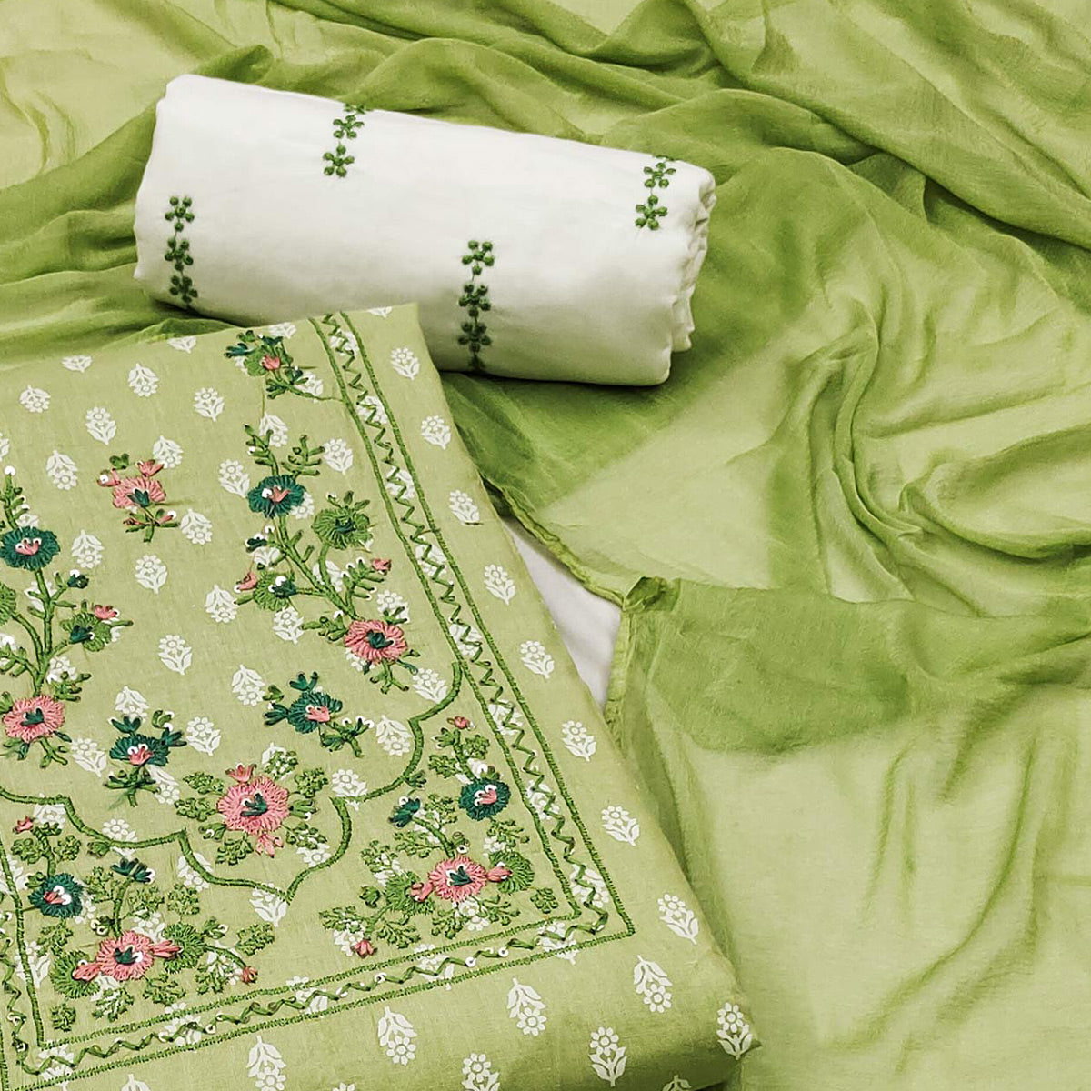 Green Floral Printed Pure Cotton Dress Material