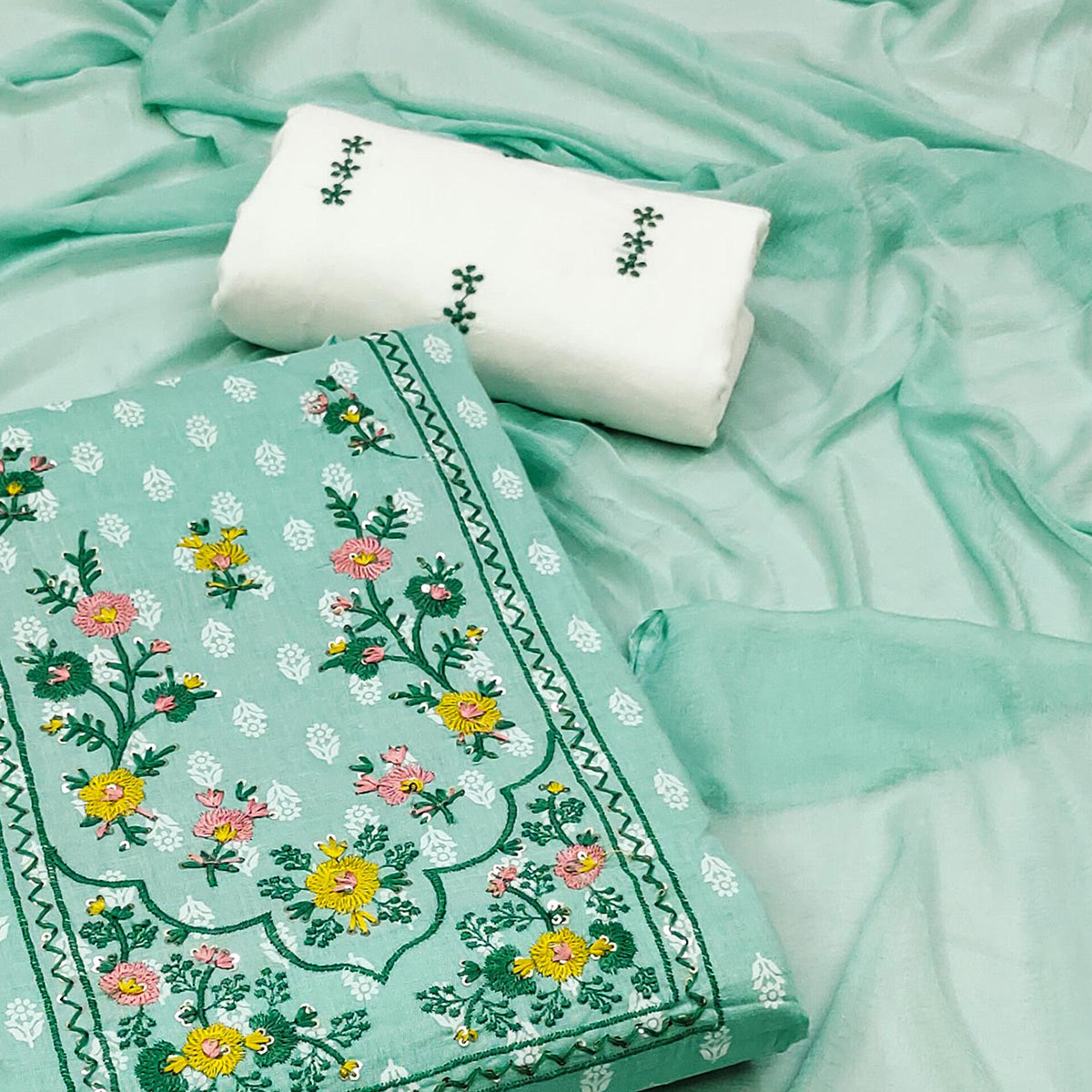Turquoise Floral Printed Pure Cotton Dress Material