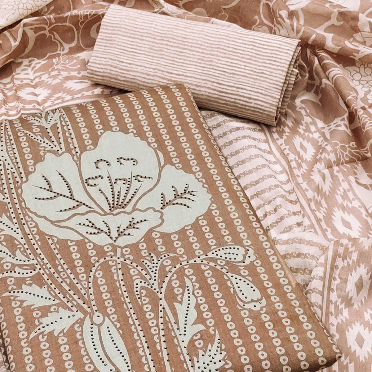 Beige Floral Printed With Yoke Embroidered Pure Cotton Dress Material