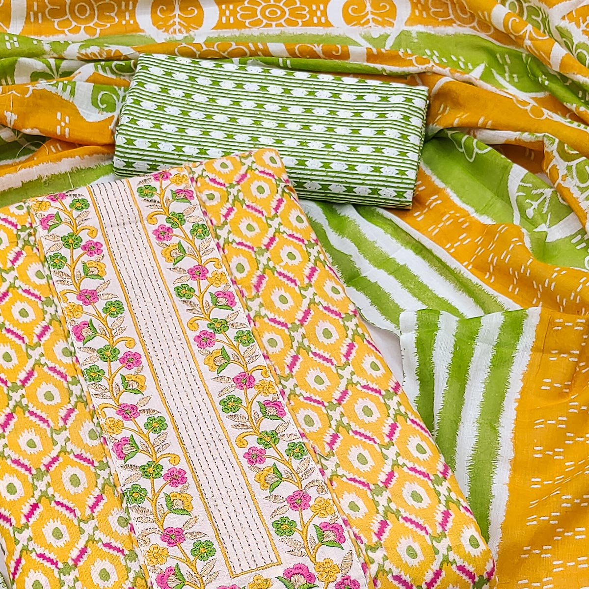 Yellow Printed With Yoke Embroidered Pure Cotton Dress Material