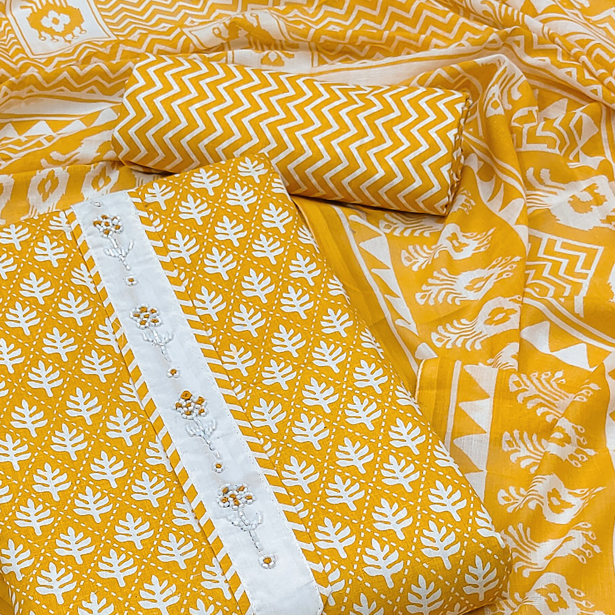 Mustard Floral Printed With Yoke Embroidered Pure Cotton Dress Material