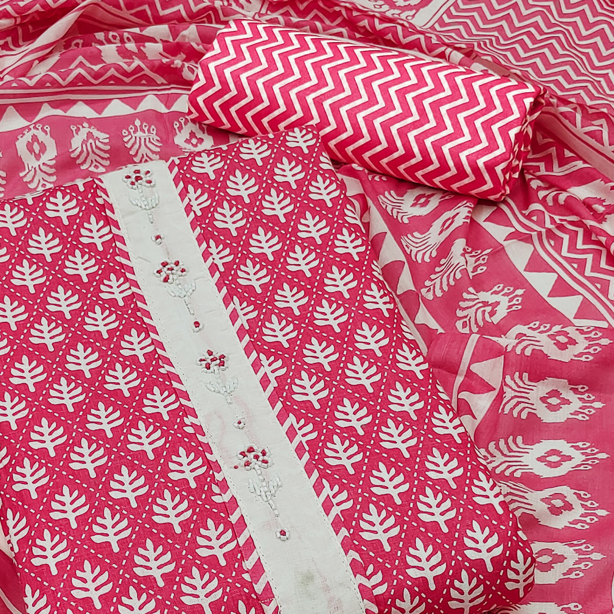Pink Floral Printed With Yoke Embroidered Pure Cotton Dress Material