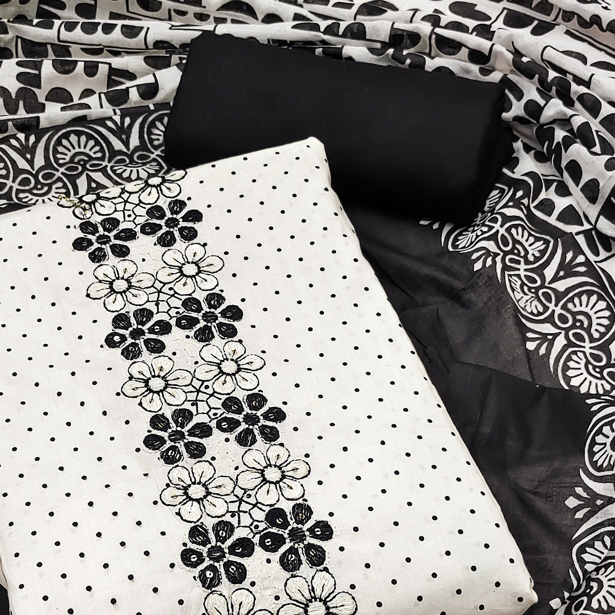 White Printed With Yoke Embroidered Pure Cotton Dress Material