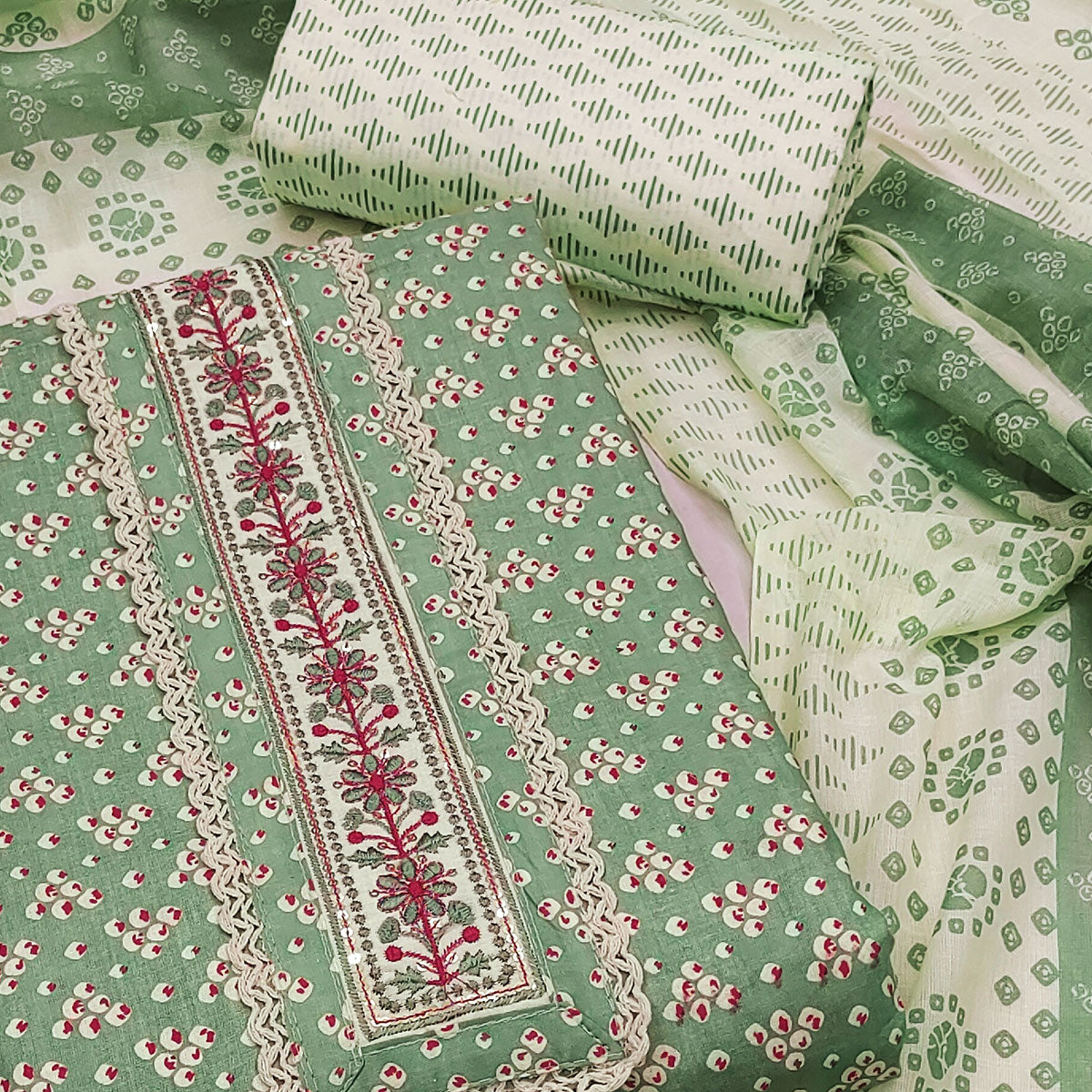 Green Printed With Embroidery Pure Cotton Dress Material