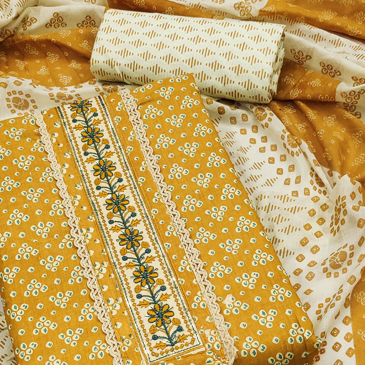 Mustard Printed With Embroidery Pure Cotton Dress Material