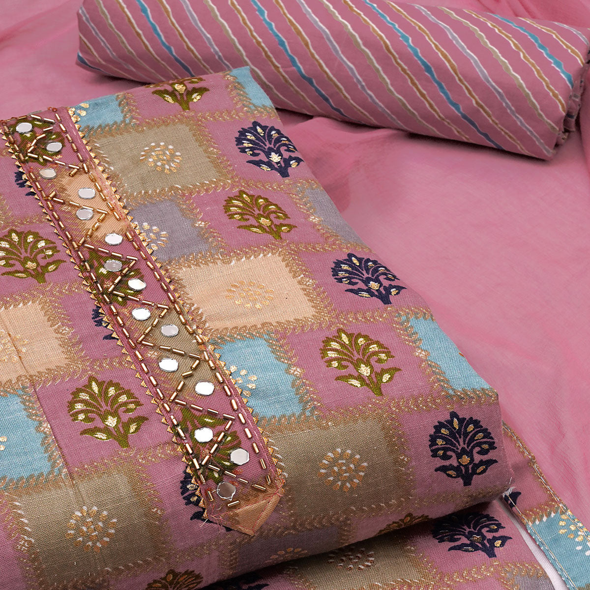 Pink Foil Printed Cotton Blend Dress Material