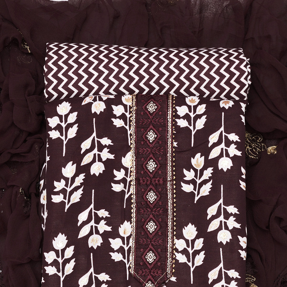 Coffee Brown Foil Printed Cotton Blend Dress Material