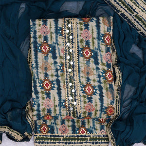 Teal Blue Foil Printed Cotton Blend Dress Material