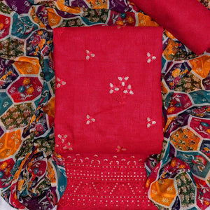 Red Floral Embroidered Cotton Blend Dress Material