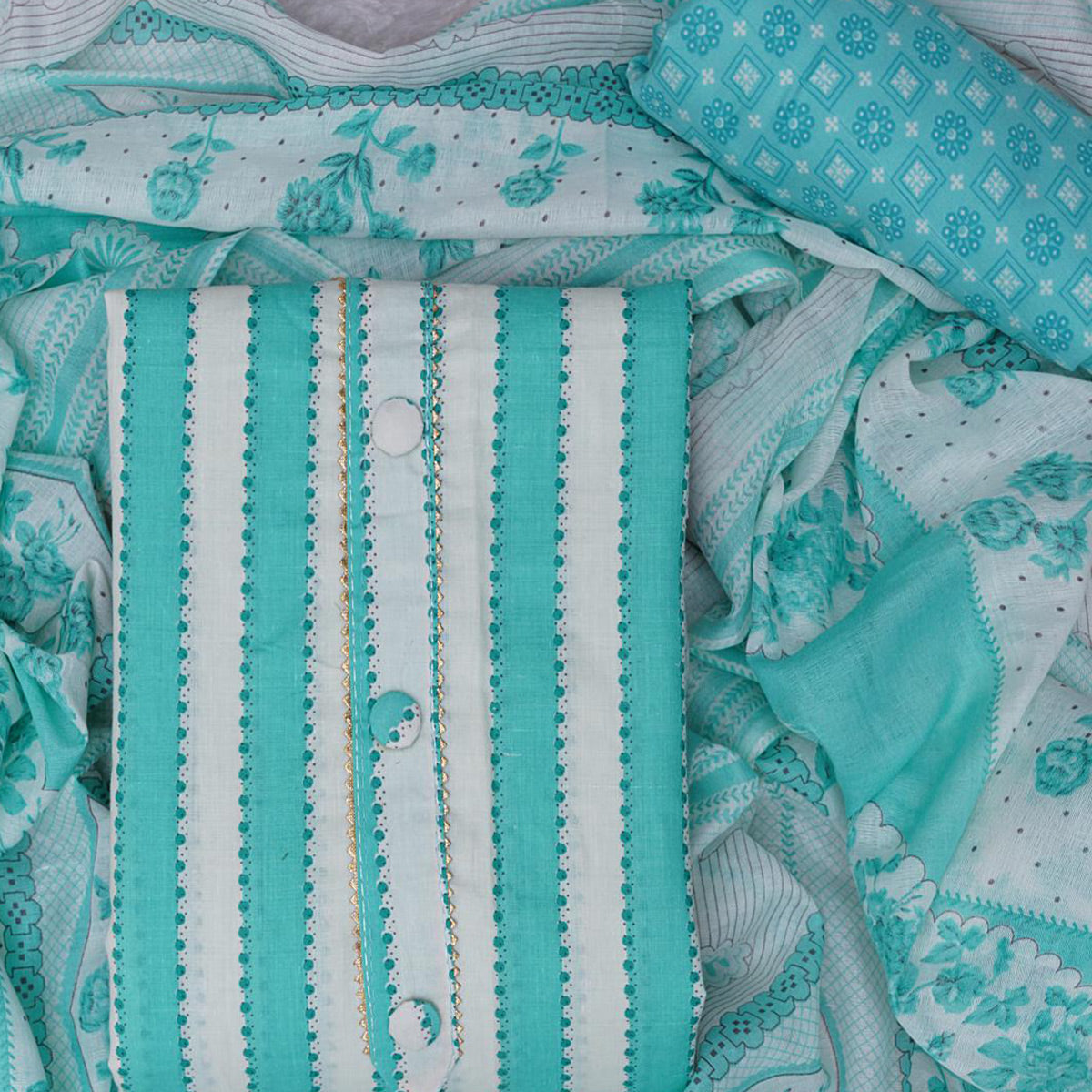 Turquoise Printed With Gota Patti Work Cotton Blend Dress Material