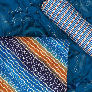 Blue Bandhani Foil Printed Dress Material