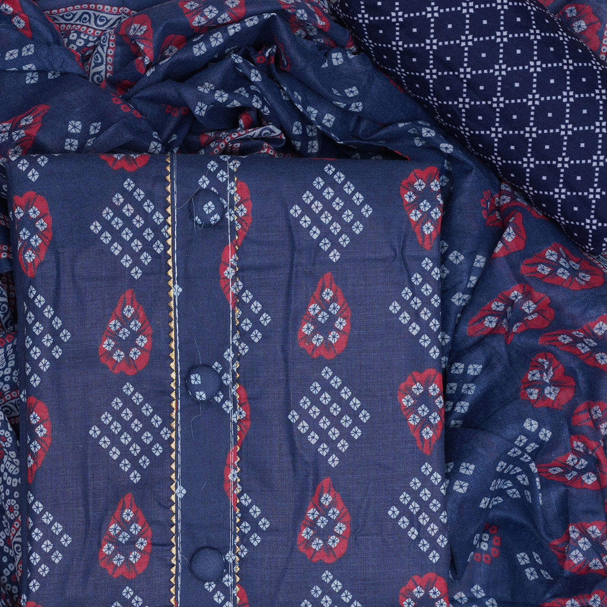 Blue Bandhani Printed Cotton Blend Dress Material