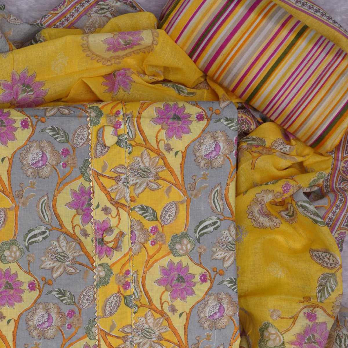 Yellow Floral Printed Cotton Blend Dress Material