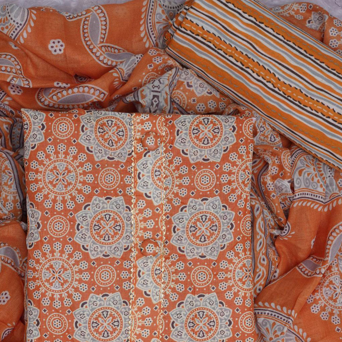 Orange Floral Printed Cotton Blend Dress Material