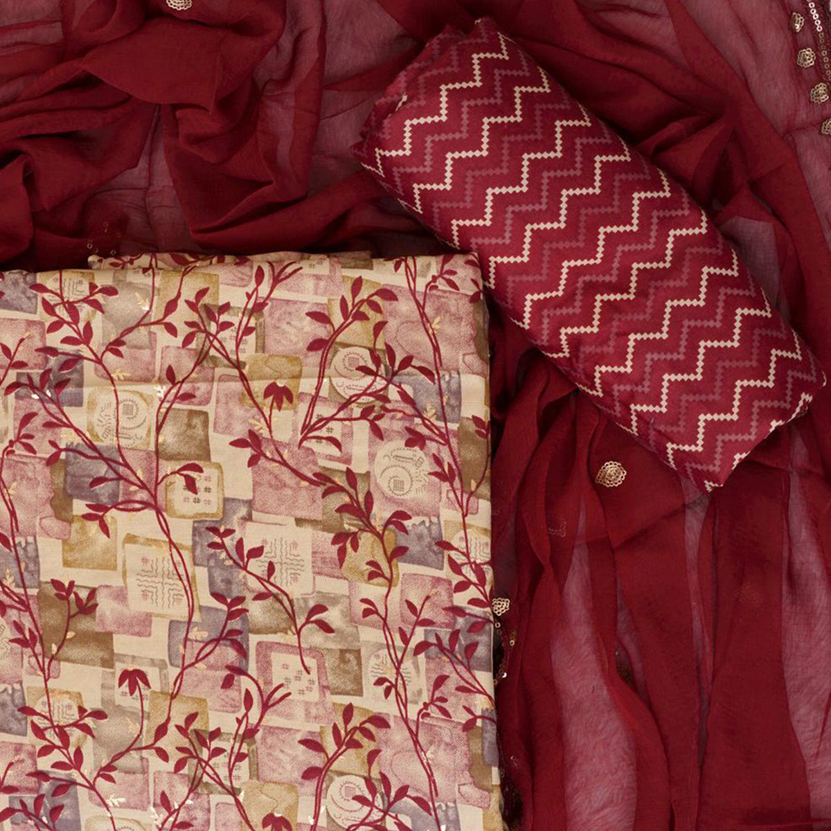 Chikoo & Maroon Foil Printed Cotton Blend Dress Material