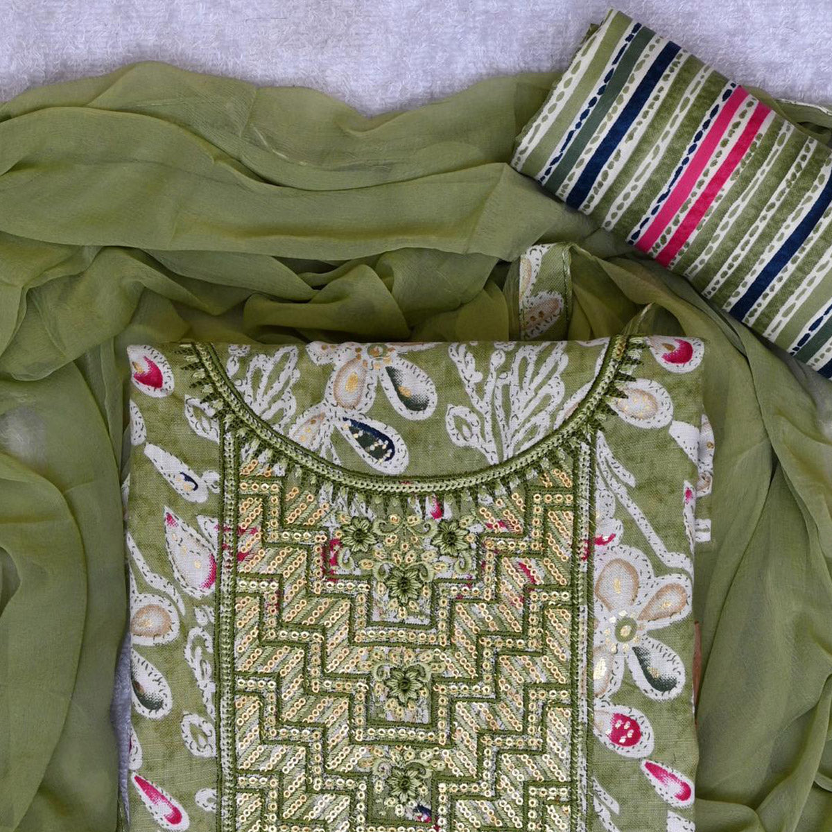 Green Foil Printed With Sequins Embroidery Cotton Blend Dress Material