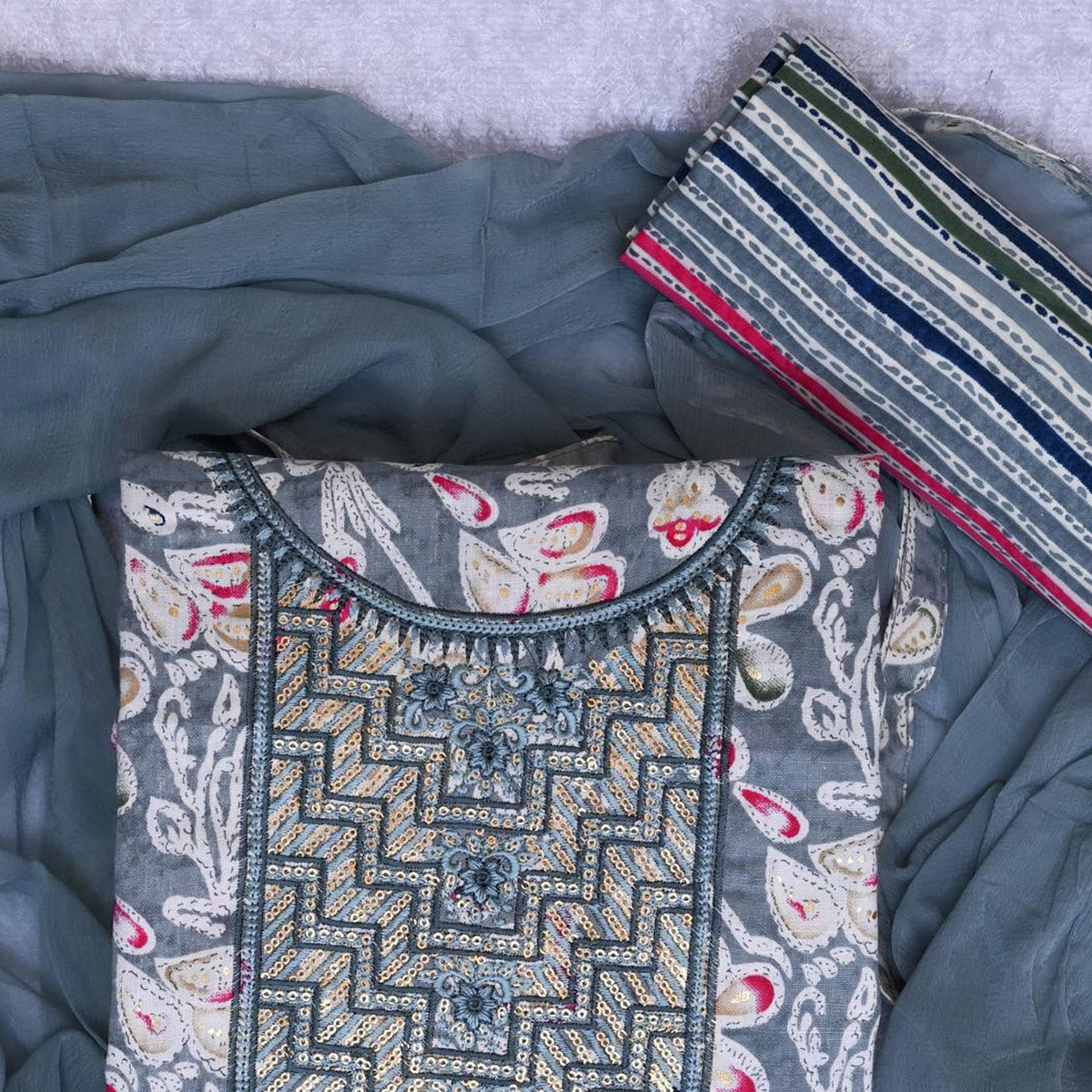 Grey Foil Printed With Sequins Embroidery Cotton Blend Dress Material